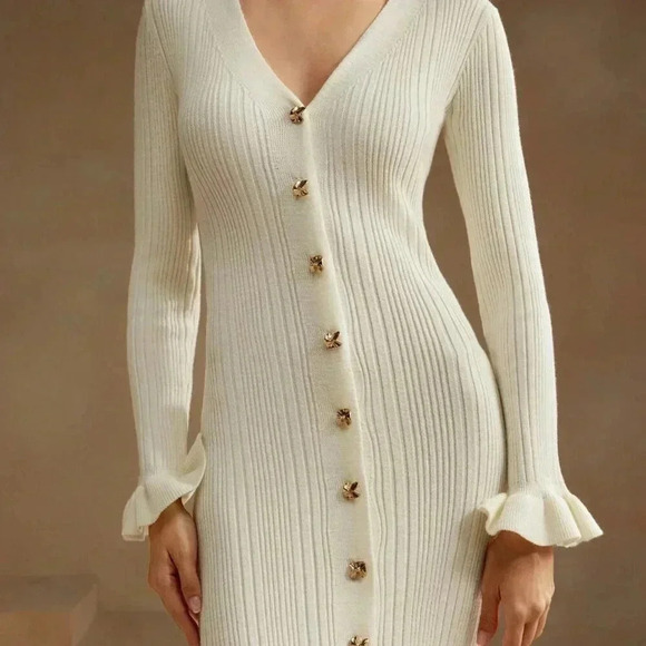 Apricot Elegant Women's Fitted Sweater Dress - Picture 6 of 7